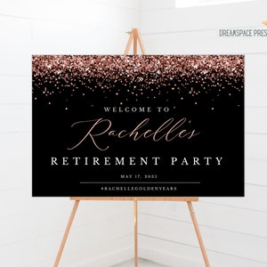 Letrero de bienvenida para fiesta de jubilación con destellos de oro rosa, acuarela imprimible, lámina de oro rosa, decoraciones para fiestas, SOLO ARCHIVO DIGITAL, bricolaje, plantilla
