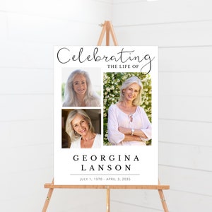 Peut inclure: Une affiche blanche avec le texte "Celebrating the Life of Georgina Lanson" et trois photos d'une femme. Les dates "July 1, 1970 - April 3, 2035" sont imprimées sous le texte.