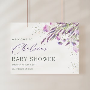 Baby Shower Willkommensschild | Lila Lavendel Floral, Gender Reveal Spiele, bearbeitbare Vorlage, Partydekorationen, Poster, Banner DIGITALDATEI