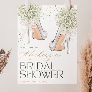 Bridal Shower Welcome Sign, White Floral, Greenery, Gold, Party Decor, Banner, Editable Template, Heels, Any Celebration, DIGITAL FILE only