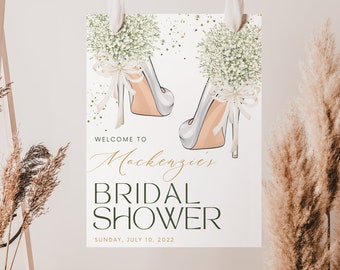 Bridal Shower Welcome Sign Template, White Floral, Greenery, Floral, Party Decor, Banner, Editable , White Heels Wedding, DIGITAL FILE Canva