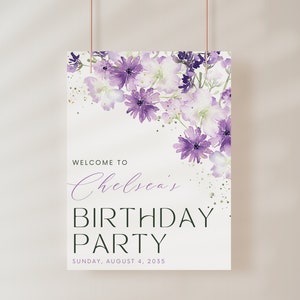 Letrero de bienvenida para fiesta de cumpleaños, diseño floral con hojas moradas. Plantilla de letrero de bienvenida para cualquier celebración de fiesta. Diseño floral, póster, pancarta. ARCHIVO DIGITAL ELLIE