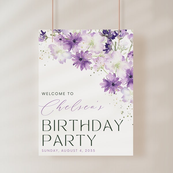 Birthday Party Welcome Sign, Purple Leaves Floral | Any Party Celebration Welcome Sign Template | Floral, Poster, Banner DIGITAL FILE  ELLIE
