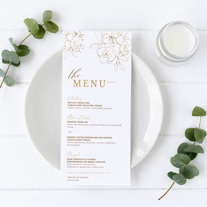 Szablon menu weselnego, złoto-kwiatowy biały, menu na każdą okazję, projekt menu na imprezę, cyfrowe natychmiastowe pobieranie, edytowalne menu do wydruku, zrób to sam CLAIRE
