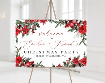 Christmas Party Welcome Sign Template, Wreath Welcome Sign, Holiday Party Welcome Poster Download Editable Dinner, Family, Holiday, Office