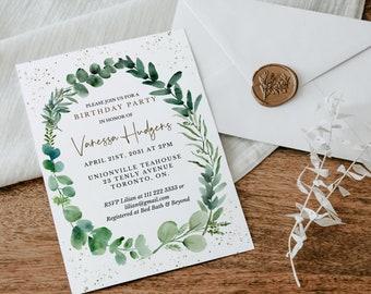 Greenery Birthday Party Invitation Template - Printable Watercolor Eucalyptus Greenery Sweet 16 Party Invite - DIY Editable Invite AVERY