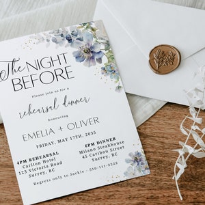 Floral Rehearsal Dinner Invitation Template, Vertical Blue Greenery Rehearsal Dinner Invite, Elegant Script The Night Before Invite DIY