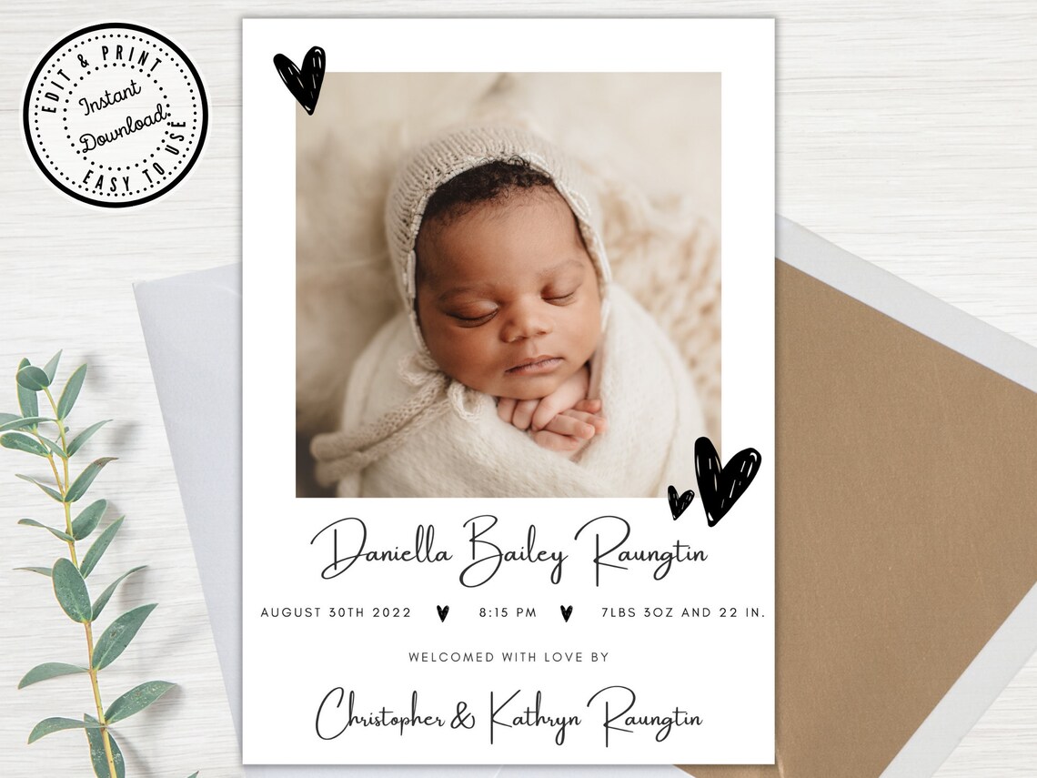 Birth Announcement Template, Simple Modern Elegant, Photo Card Baby ...