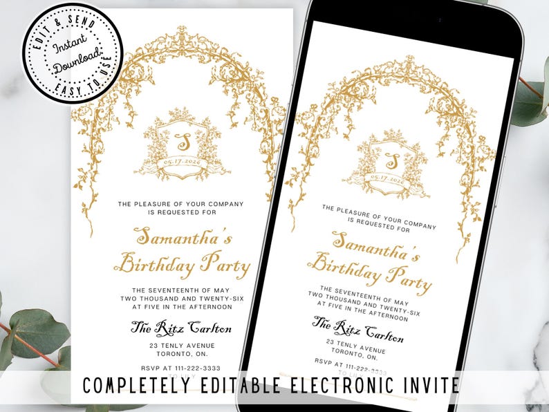 Victorian GOLD BIRTHDAY Invitation Electronic, iPhone Text Invite, for ...