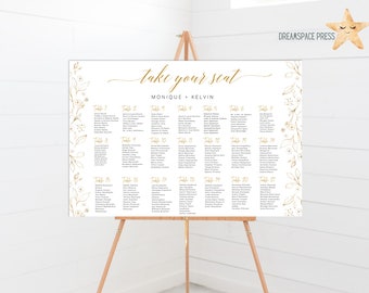 Wedding Seating Chart Template, Landscape 21 Tables Printable Seating Plan, Party Decoration, White Gold Floral, Digital File CLAIRE