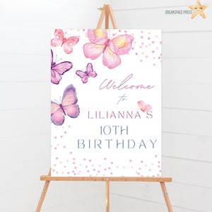 Butterfly Birthday Welcome Sign, Purple, Pink, Sparkles Sign Template, Party Decorations, Girls, Princess, one, five, DIGITAL FILE ONLY