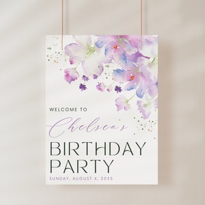 Letrero de bienvenida para fiesta de cumpleaños, diseño floral con hojas moradas. Plantilla de letrero de bienvenida para cualquier celebración de fiesta. Diseño floral, póster, pancarta. ARCHIVO DIGITAL ELLIE