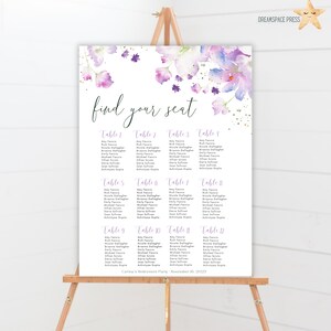 May include: A purple and white floral seating chart with the text "find your seat" at the top. The chart lists names for each table at a retirement party for Cerina. The party is scheduled for November 11, 2023.