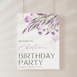 Letrero de bienvenida para fiesta de cumpleaños, diseño floral con hojas moradas. Plantilla de letrero de bienvenida para cualquier celebración de fiesta. Diseño floral, póster, pancarta. ARCHIVO DIGITAL ELLIE