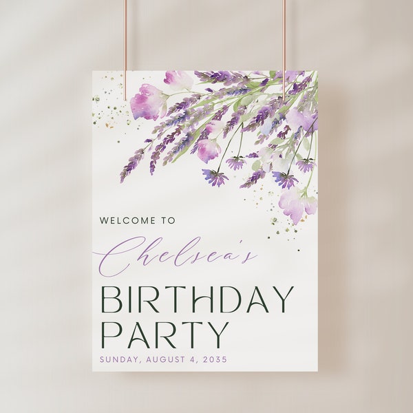 Birthday Party Welcome Sign, Purple Leaves Floral | Any Party Celebration Welcome Sign Template | Floral, Poster, Banner DIGITAL FILE  ELLIE