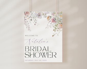 Plantilla de letrero de bienvenida para despedida de soltera con flores silvestres, letrero de bienvenida floral de primavera, póster de bienvenida para novias, plantilla editable, letrero de bienvenida para hacer uno mismo