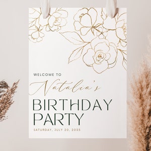 Letrero de bienvenida para fiesta de cumpleaños, hojas doradas con motivos florales. Plantilla de letrero de bienvenida para cualquier celebración de fiesta. Floral, póster, pancarta. ARCHIVO DIGITAL CLAIRE