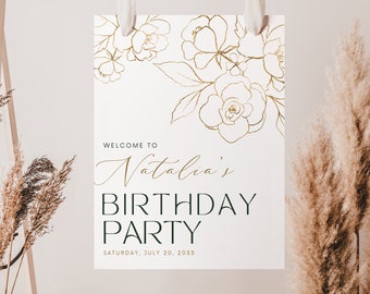 Birthday Party Welcome Sign, Gold Leaves Floral | Any Party Celebration Welcome Sign Template | Floral, Poster, Banner DIGITAL FILE CLAIRE