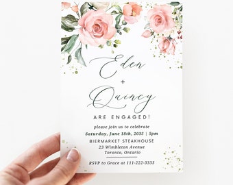 May include: A blush pink and green floral wedding announcement with the text "Eden + Quincy are engaged!" and details for a wedding celebration at Biermarket Steakhouse on June 18th, 2035 at 5pm. RSVP to Grace at 111-222-3333.