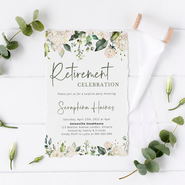 Grüne weiße Rosen und Gold-Einladungsvorlage für die Ruhestandsfeier | Druckbare Aquarellblätter, Überraschungsparty-Smartphone-Einladung – DIY Evite