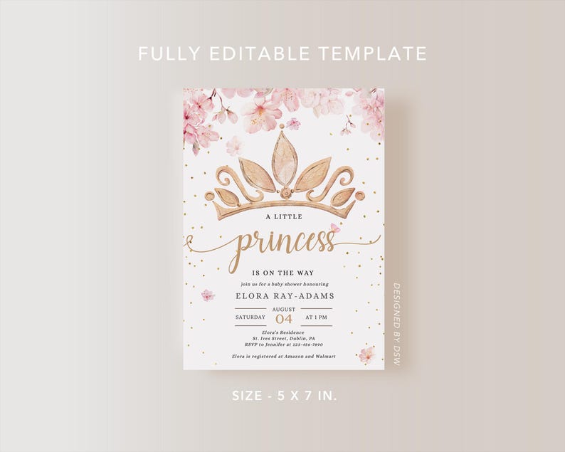 Princess Baby Shower Invite Template, PHOTO Editable Printable Pink