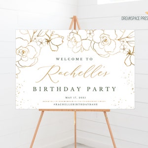 Letrero de bienvenida para fiesta de cumpleaños, hojas doradas con motivos florales. Plantilla de letrero de bienvenida para cualquier celebración de fiesta. Floral, póster, pancarta. ARCHIVO DIGITAL CLAIRE