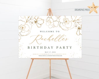 Birthday Party Welcome Sign, Gold Leaves Floral | Any Party Celebration Welcome Sign Template | Floral, Poster, Banner DIGITAL FILE CLAIRE