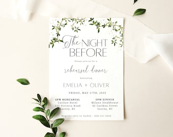Minimalist Rehearsal Dinner Invitation Template, Vertical Modern Rehearsal Dinner Invite, Elegant Script The Night Before Invite DIY