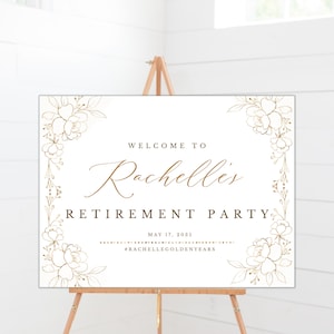 Retirement Decoration Gold Leaves Floral | Retirement Welcome Sign Template | Celebration Party, Surprise, Banner DIGITAL FILE only CLAIRE