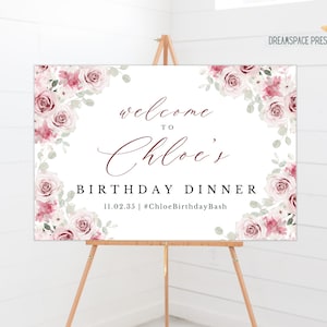 Letrero de bienvenida para fiesta de cumpleaños, diseño floral en rosa ruborizado, plantilla de letrero de bienvenida para cualquier celebración de fiesta, vegetación, póster, pancarta, ARCHIVO DIGITAL solamente