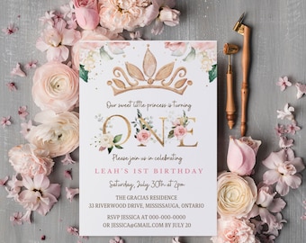 FIRST BIRTHDAY Invite, Princess Pink Floral Tiara Invitation Printable Template, 1st Birthday, Birthday Decor, Editable Template, diy PR