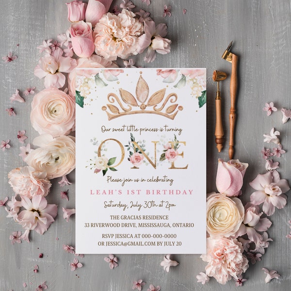 FIRST BIRTHDAY Invite, Princess Pink Floral Tiara Invitation Printable Template, 1st Birthday, Birthday Decor, Editable Template, diy PR