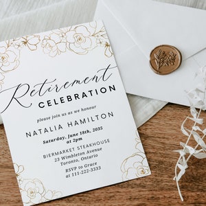 de Invitation à une fête de départ en retraite, roses dorées et blanc| Invitation florale de jardin à imprimer, rustique, fête surprise sur smartphone - DIY Evite