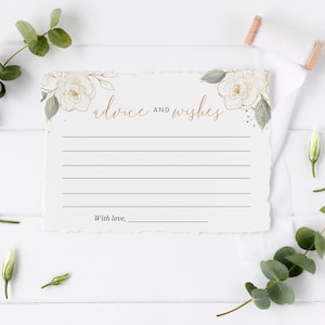 Groen beige rozen en goud advies en wensen kaartsjabloon | Afdrukbare aquarel, vrijgezellenfeest, bruiloft, verjaardag V2 - 5 x 7 SAGE