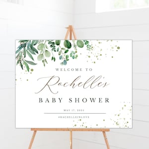 Babyparty Willkommensschild | Grün, Gold, Grün | Party Willkommen Schild Vorlage | Baby Shower Floral, Poster, Banner Digitale Datei AVERY