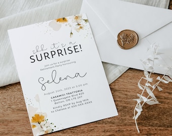 May include: A white invitation card with a floral design and gold accents. The text on the card reads "Shh it's a SURPRISE!" and includes details for a retirement party honoring Selena. The card is on a wooden surface with a white envelope and a gold wax seal.