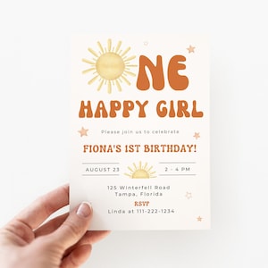 One Happy Girl  Birthday Invitation Template, First Trip Around the Sun Birthday Invite, Boho Sun 1st Birthday Invite Printable DIY