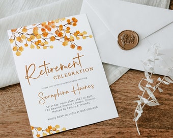 Dry Yellow & Gold Retirement Party Invitation Template | Printable Watercolor Flowers and Orange Gold leaves Smartphone Invite - DIY Evite