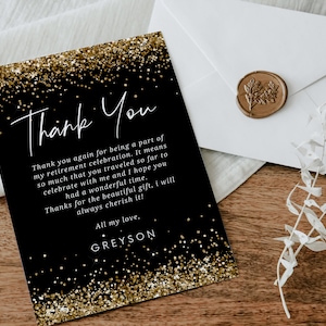 de Remerciement pour fête de départ à la retraite, Paillettes dorées et noir | Impression moderne, minimaliste, fête surprise, invitation smartphone - DIY Evite