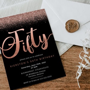 Fifty Birthday Party Invitation Template, Editable, Sparkles Rose Gold Invite, 50th, Fiftieth Invitation, Instant Download, Print or Text