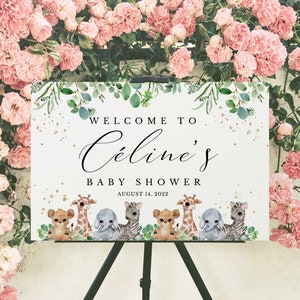 Babyparty Willkommensschild | Druckbare Safari & Grün, Dschungel, Safari Tiere Tischschild, Partydekoration, Vorlage zum Ausdrucken AVERY