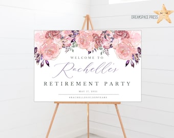 Retirement Party Welcome Sign, Printable Purple, Violet Greenery, Faux Gold Foil, Party Decorations, DIGITAL FILE, Diy, Template, ELLIE