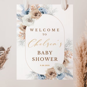 Babyparty Willkommensschild | Boho, Gold, Pampasgras, bearbeitbare Vorlage | Baby, Floral, Rustikal, Party Dekoration, Poster, Banner Nur digitale Datei