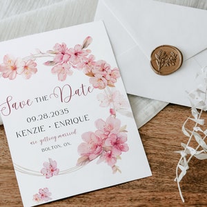 Plantilla de invitación para guardar la fecha, flores de cerezo, decoración para fiesta de compromiso de boda, pancarta, editable, juegos, 5 x 7 pulgadas, bricolaje