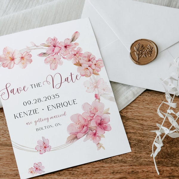 Save the Date Invite Template, Cherry Blossoms Flowers Floral, Wedding Engagement Party Decor, Banner, Editable, Games, 5 x 7 in DIY