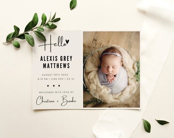 May include: A newborn baby girl named Alexis Grey Matthews is sleeping in a basket. The announcement card says "Hello" with a heart, "Alexis Grey Matthews", "August 30th 2022", "8:15 PM | 7 LBS 8OZ | 22 IN.", and "Welcomed with love by Christian + Brooke".
