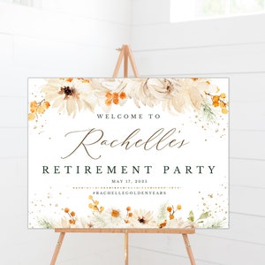 Retirement Decoration Gold White Orange Floral | Retirement Welcome Sign Template | Celebration Party, Surprise, Banner DIGITAL FILE only