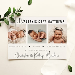 Modèle de faire-part de naissance simple moderne carte photo, faire-part de naissance modifiable, téléchargement immédiat, mignon décontracté, cursive bricolage imprimable
