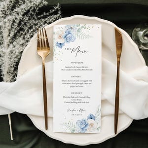 Wedding Menu Template, Dusty Blue Floral, Event Menu, Party Menu Design, Garden, Digital Instant Download, Editable Printable, DIY CANVA