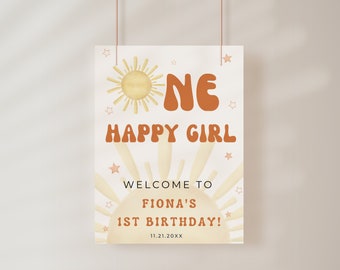 Modello di cartello di benvenuto per compleanno / Poster di benvenuto stampabile e modificabile / Primo compleanno di una ragazza felice / Decorazione per feste Boho Girl Orange Sun PR